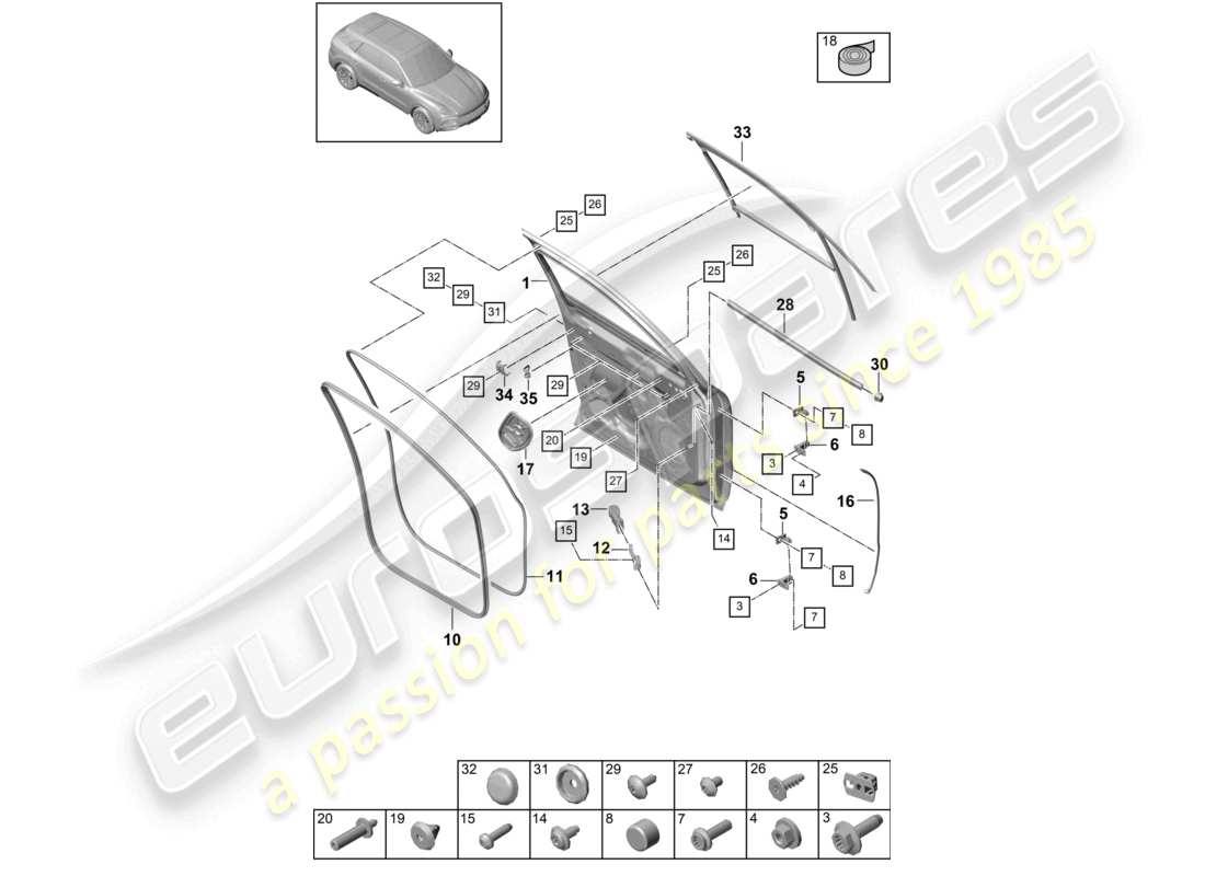 porsche 2021 (cayenne e3 9ya/9yb) diagrama de piezas de juntas de la carcasa de la puerta delantera