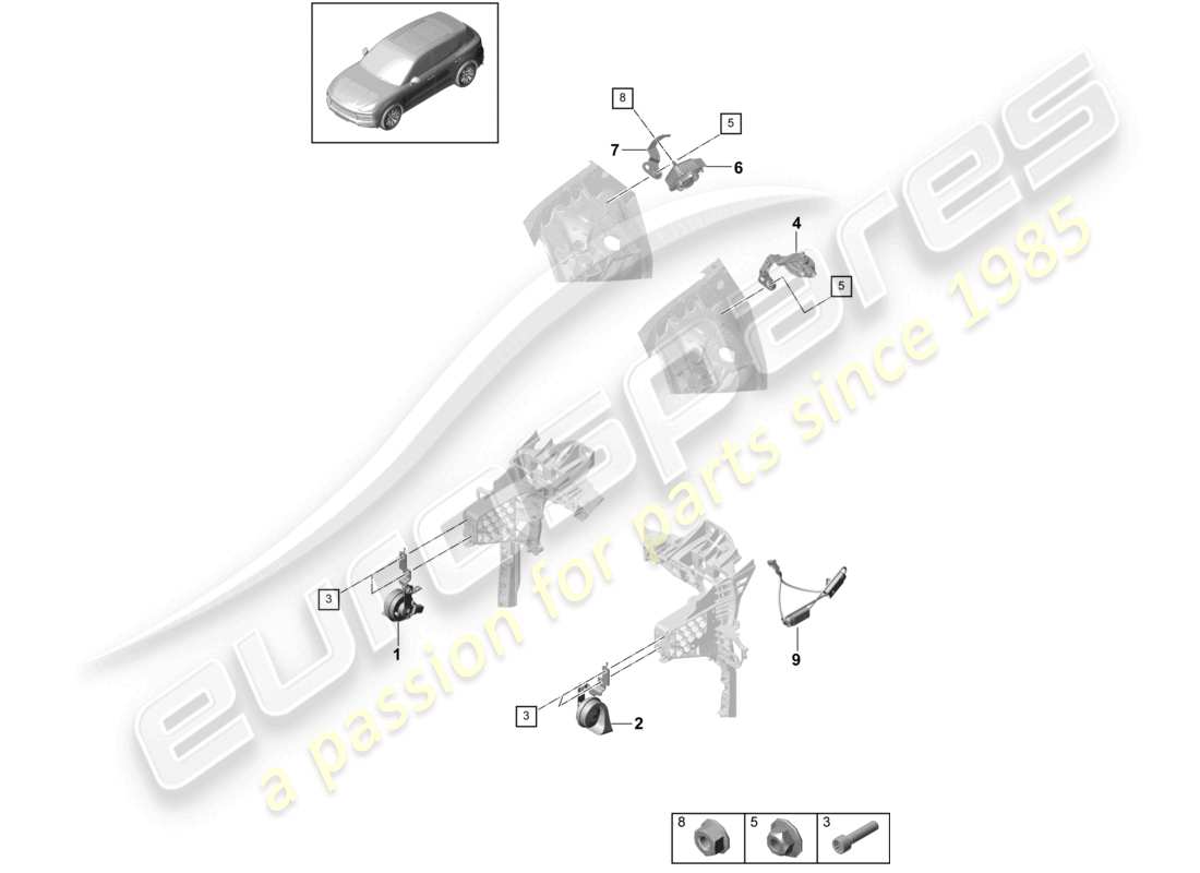 porsche 2022 (cayenne e3 9ya/9yb) diagrama de piezas de la bocina de señal de fanfarria y la bocina de alarma