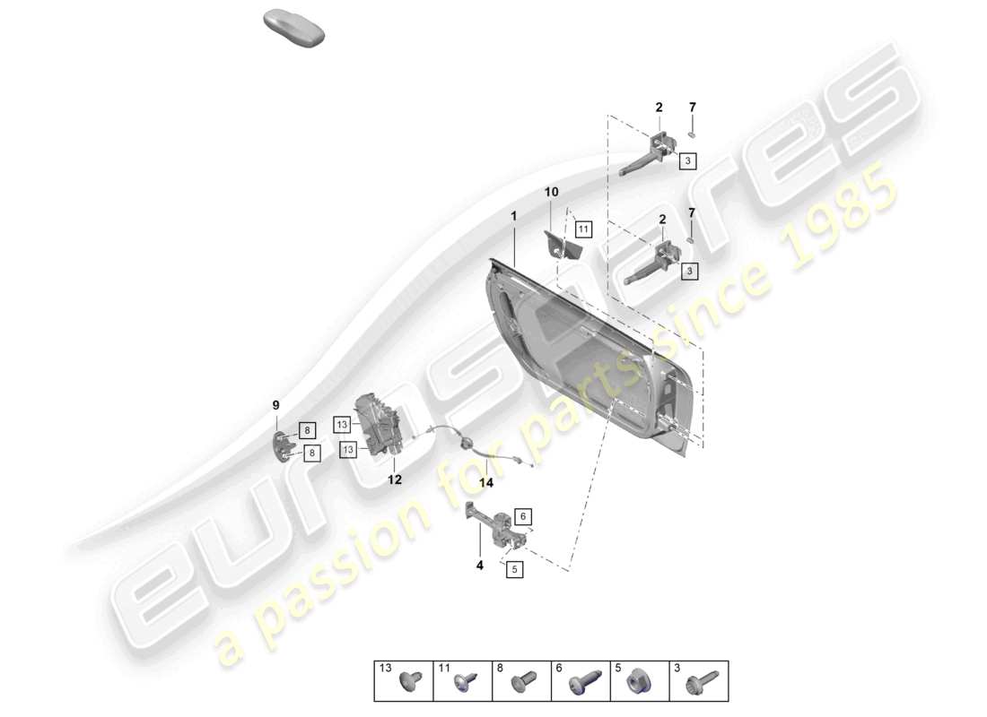 porsche 2021 (718 cayman gt4) diagrama de piezas de la cerradura de la puerta con piezas de instalación