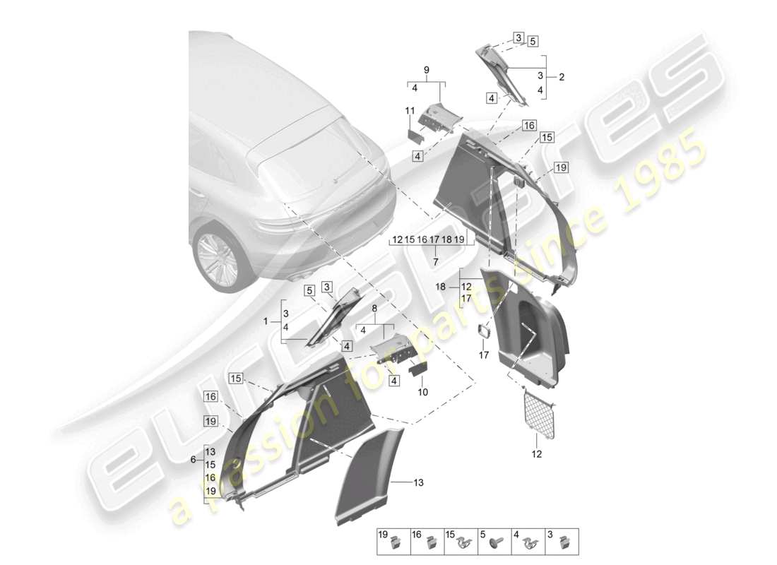 porsche 2023 (macan) diagrama de piezas del pilar d del compartimento de equipaje