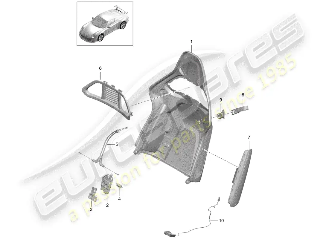 porsche 2017 (991-2 r/gt3/rs) carcasa del respaldo diagrama de piezas
