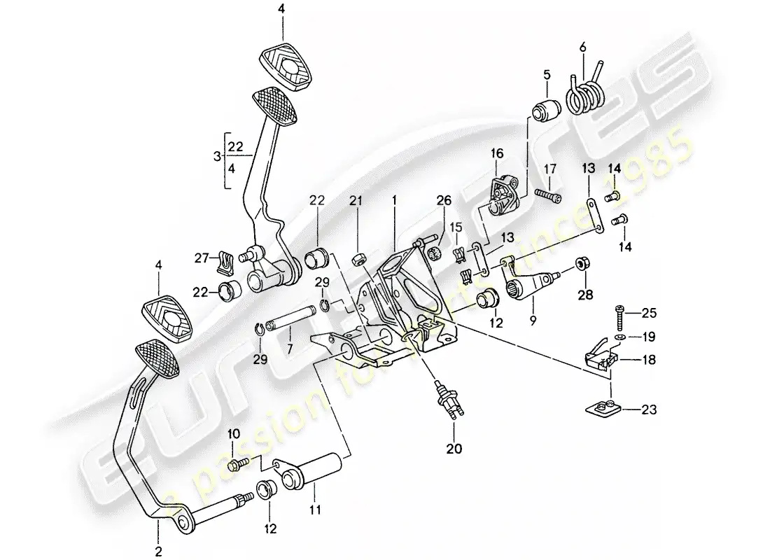 porsche 1995 (993) pedales - caja de cambios manual diagrama de piezas