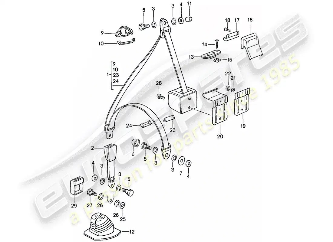 porsche 1985 (911) cinturón de seguridad diagrama de piezas