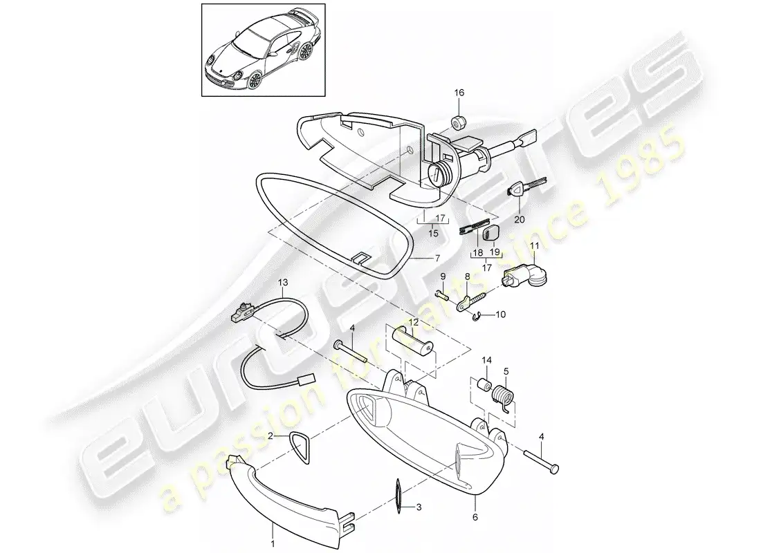 porsche 2011 (997-2 turbo / gt2 rs) diagrama de piezas de la manija de la puerta