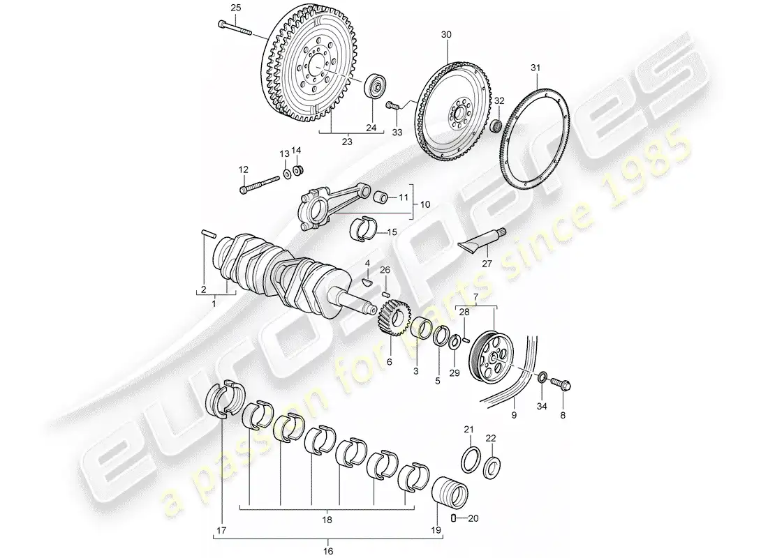 porsche 2002 (996 gt3) cigüeñal diagrama de piezas