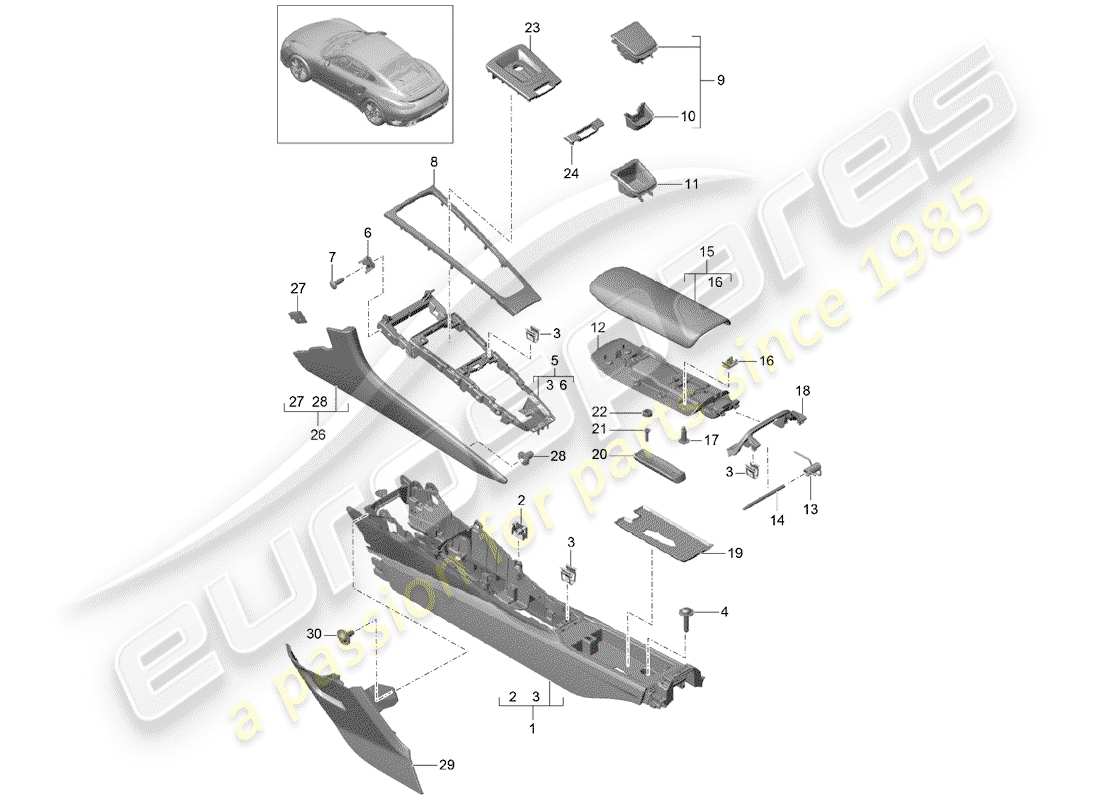 porsche 991 turbo (2018) diagrama de piezas de la consola central