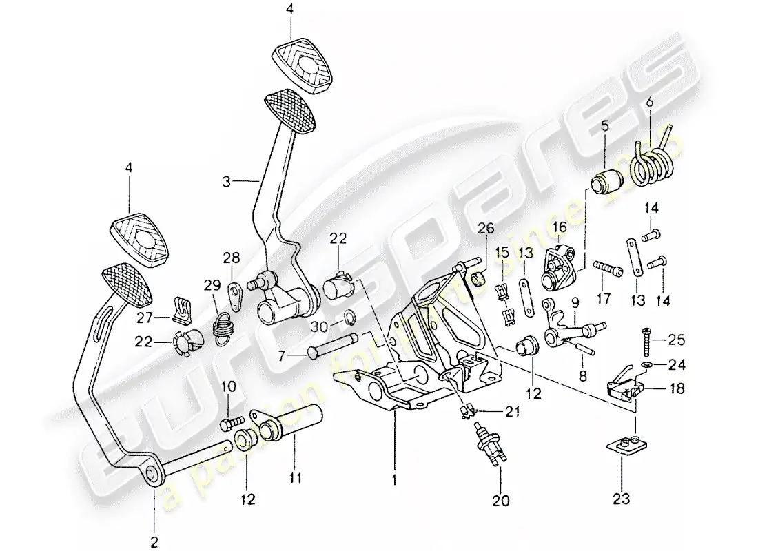 porsche 1990 (964) pedales - diagrama de piezas de caja de cambios manual
