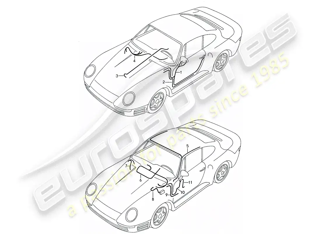 porsche 1987 (959) arneses de cableado - carroceria - puerta diagrama de piezas