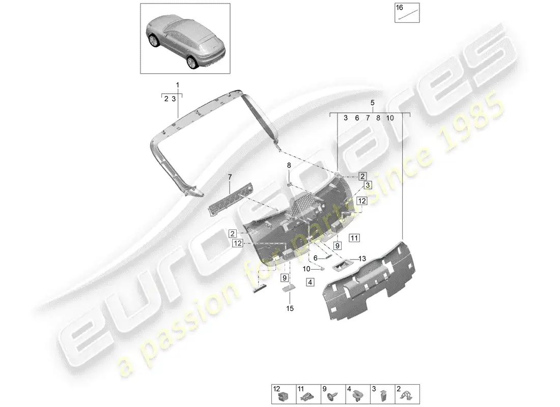 porsche 2019 (macan) panel embellecedor para puerta de escotilla diagrama de piezas