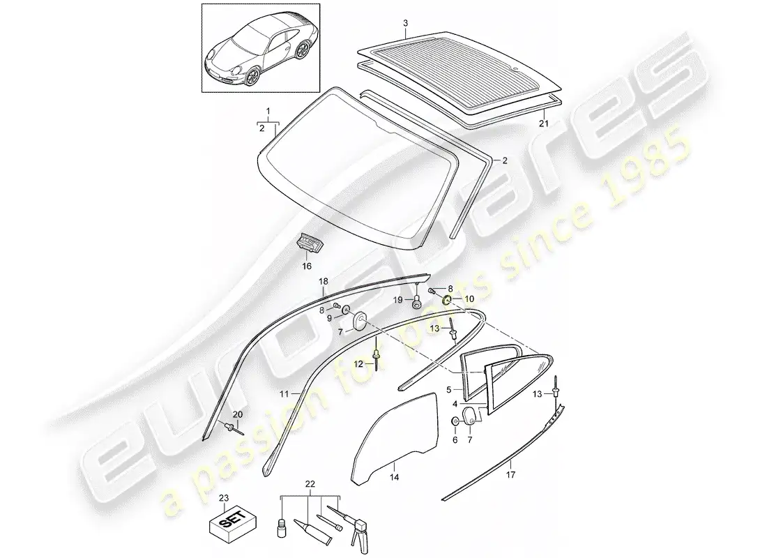 porsche 2010 (997-2) acristalamiento de ventanas diagrama de piezas