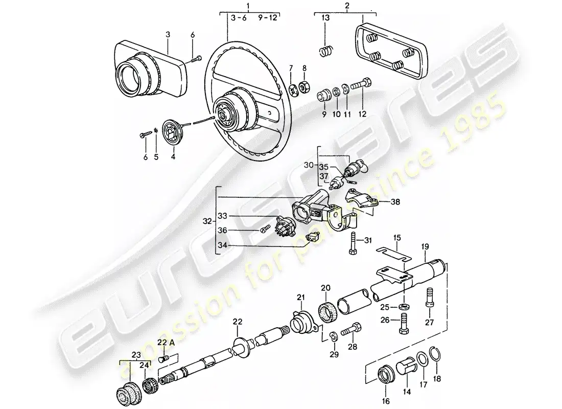 porsche 1988 (944) volantes - columna de dirección diagrama de piezas