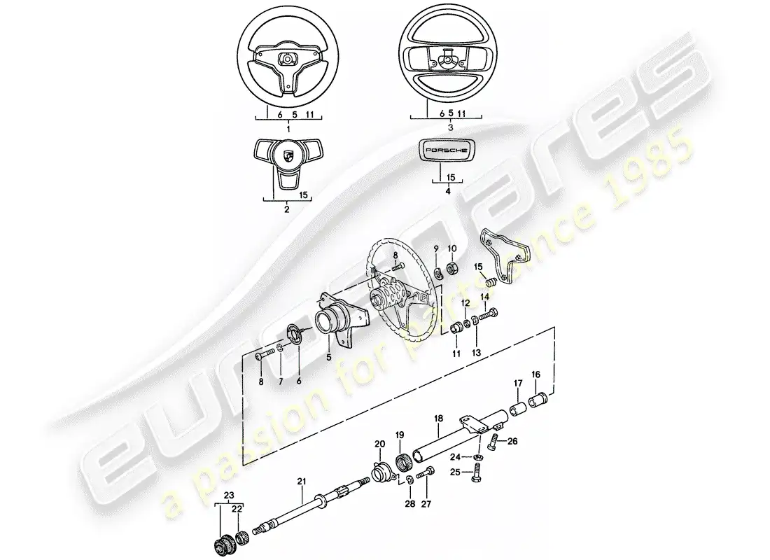 porsche 1984 (944) volante - columna de dirección diagrama de piezas