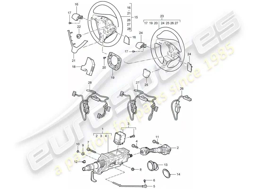 porsche 2008 (997-1 turbo / gt2) diagrama de piezas del tubo protector de dirección