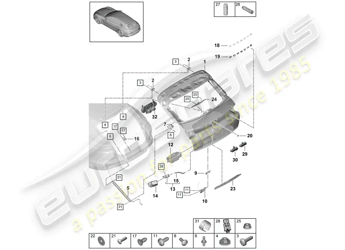 porsche 2017 (panamera 971-1) tapa del maletero trasero diagrama de piezas