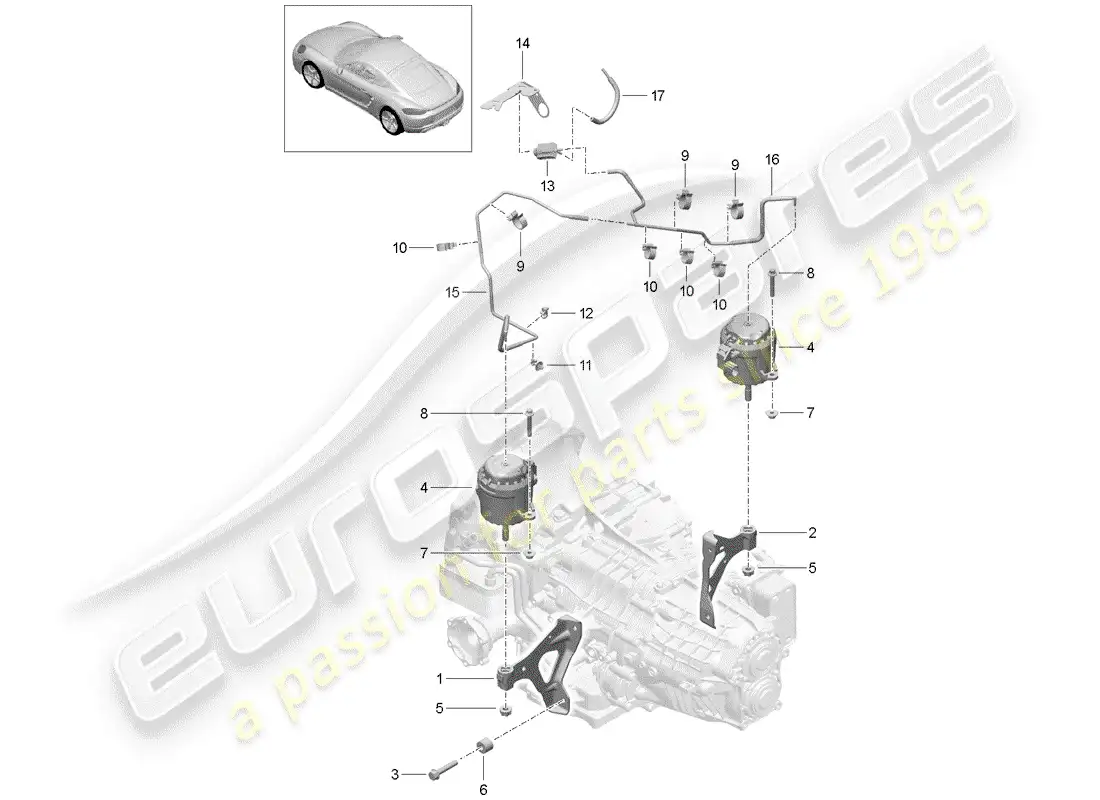 porsche 2017 (718 cayman) montaje de la caja de cambios diagrama de piezas