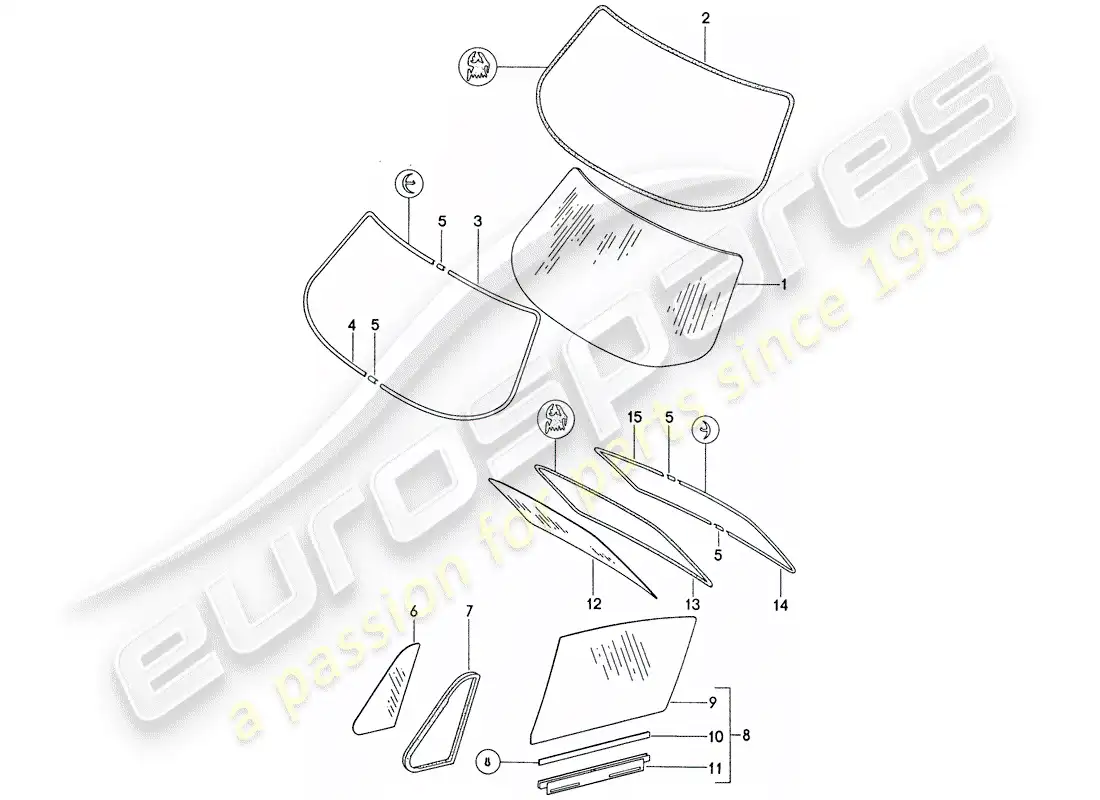 porsche 1975 (911) acristalamiento de ventanas diagrama de piezas
