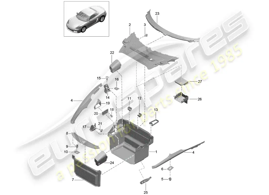 porsche 2018 (718 boxster) forro de bota diagrama de piezas
