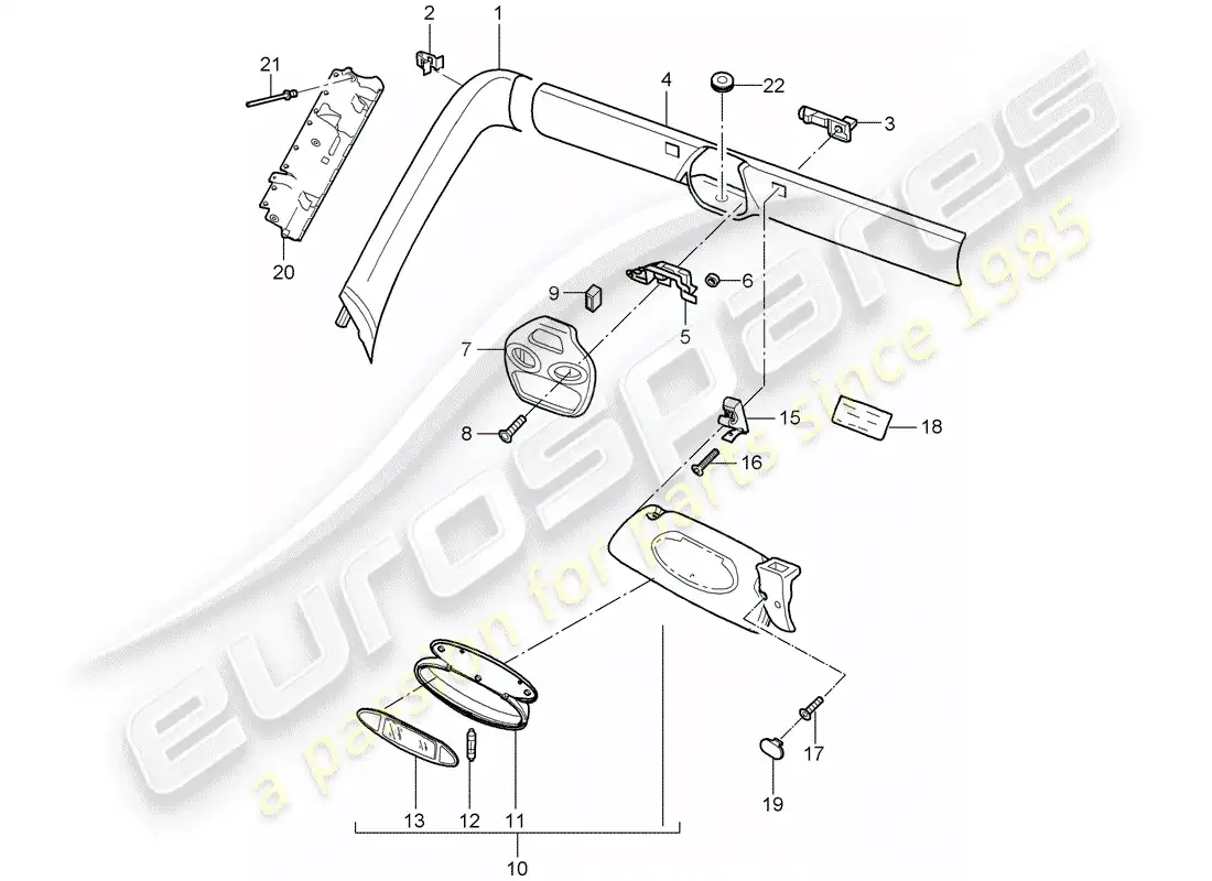porsche 2004 (996 turbo / gt2) marco del parabrisas - visores solar diagrama de piezas