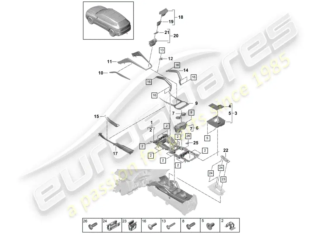 porsche 2018 (cayenne e3 9ya/9yb) center console diagrama de piezas