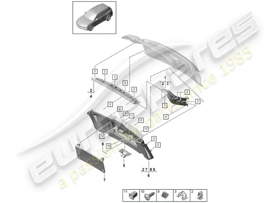 porsche 2018 (cayenne e3 9ya/9yb) recubrimiento diagrama de piezas
