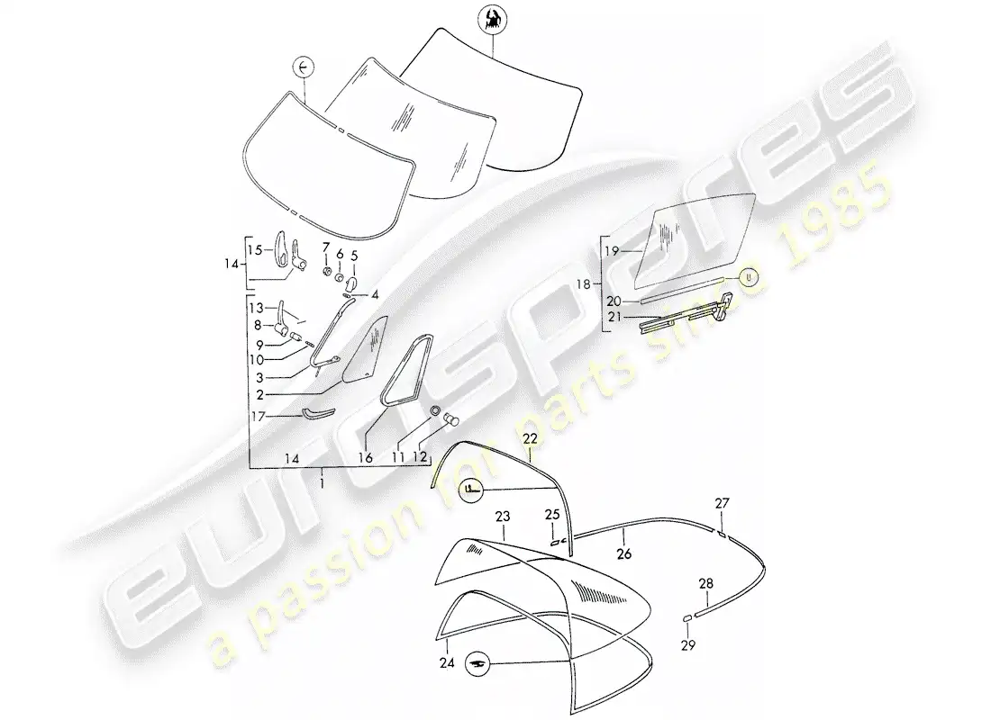 porsche 1973 (911) acristalamiento de ventanas diagrama de piezas