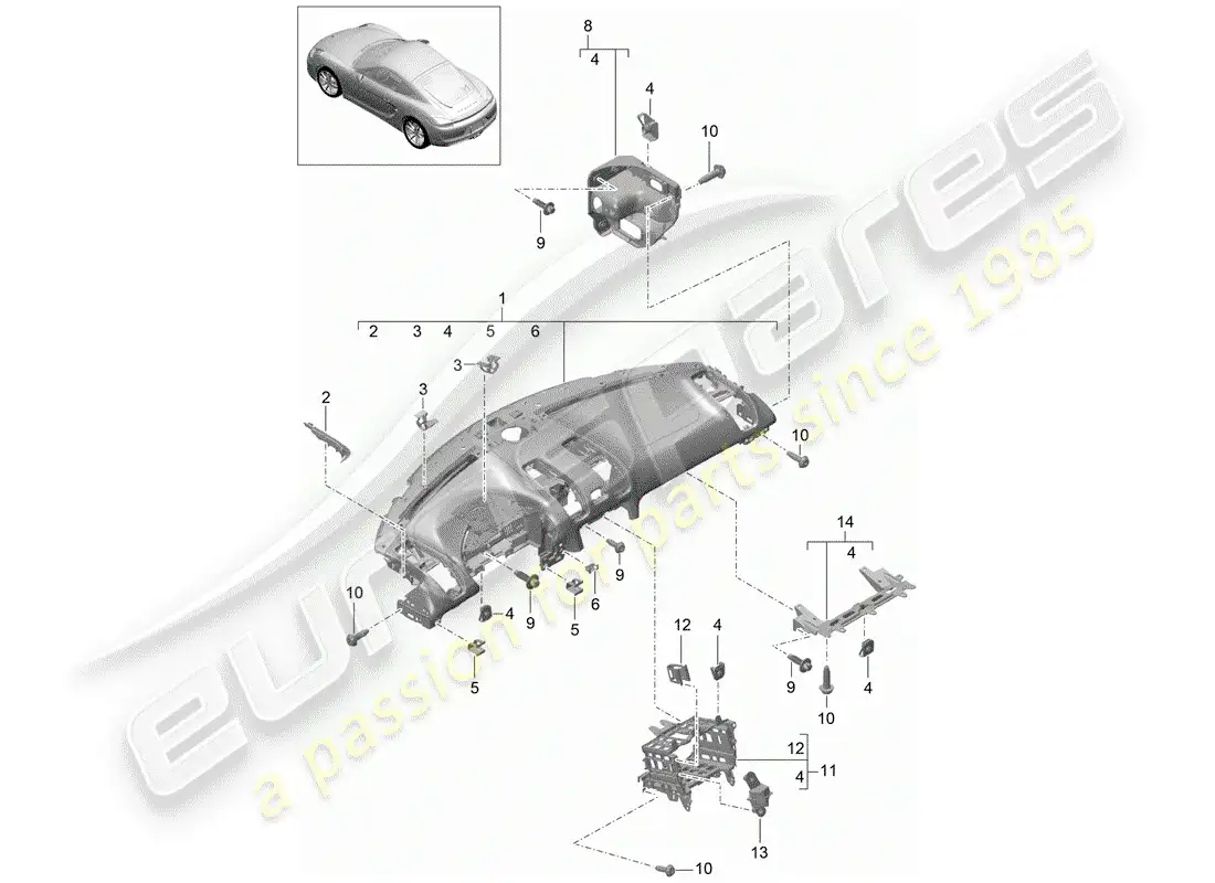 porsche 2016 (981 cayman) moldura del panel de instrumentos diagrama de piezas
