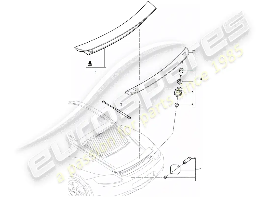 porsche 2009 (987 cayman) alerón trasero diagrama de piezas