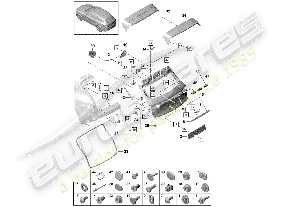 porsche 2020 (cayenne e3 9ya/9yb) tapa del maletero trasero diagrama de piezas