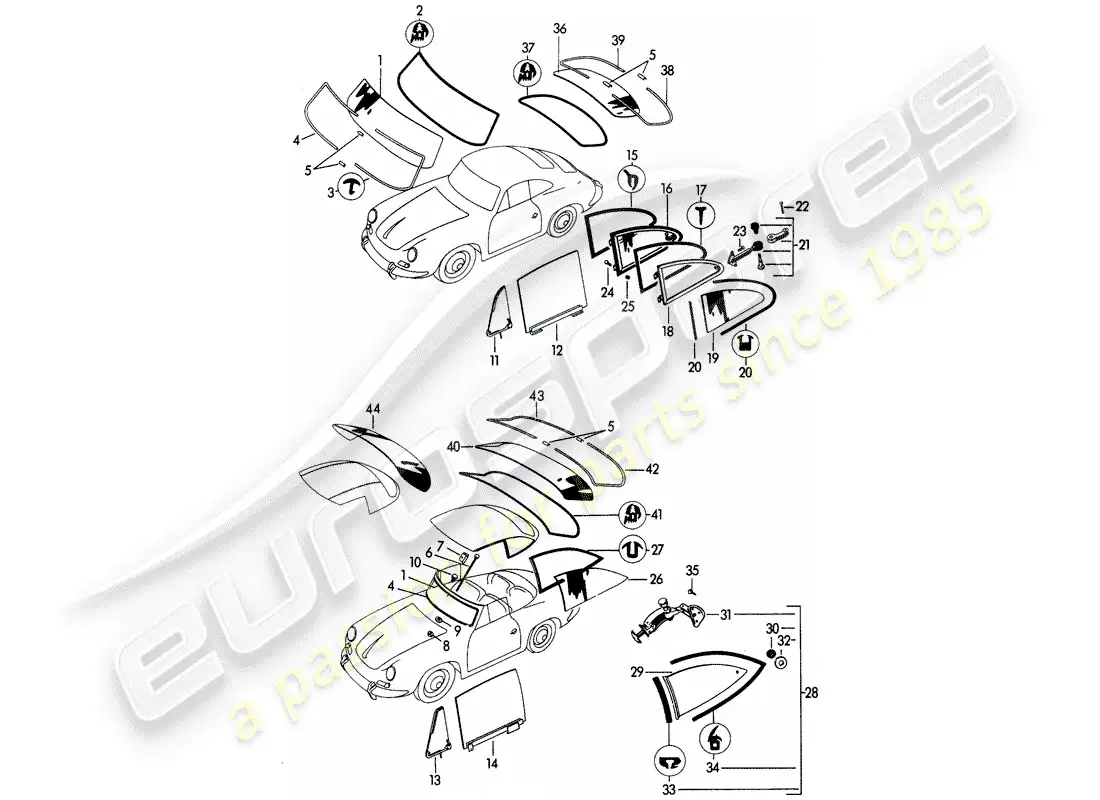 porsche 1960 (356b/356c) acristalamiento de ventanas diagrama de piezas