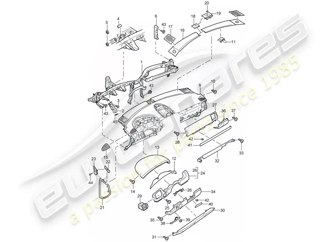 porsche 2004 (cayenne e1 9pa) moldura del panel de instrumentos diagrama de piezas