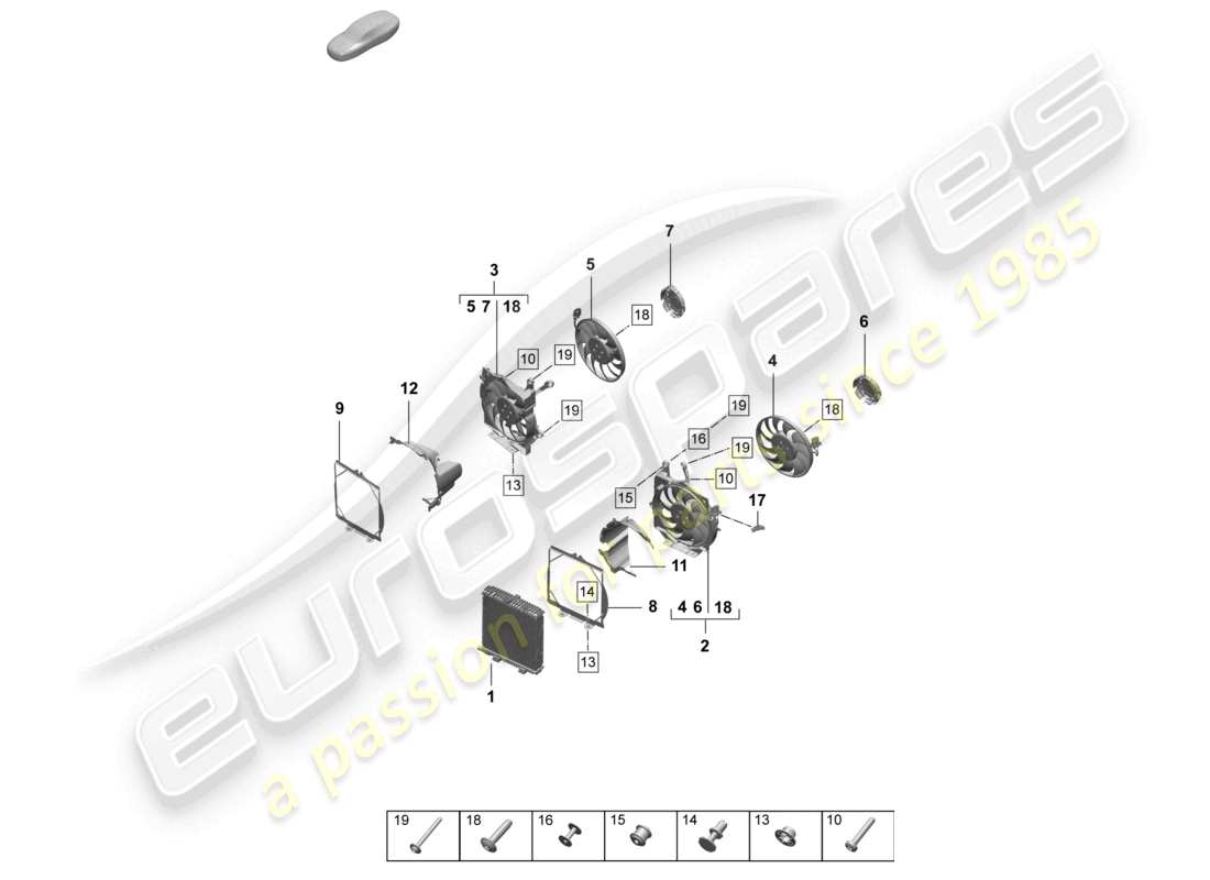 porsche 2026 (taycan 9j1-2) diagrama de piezas del radiador de refrigerante con ventilador del radiador