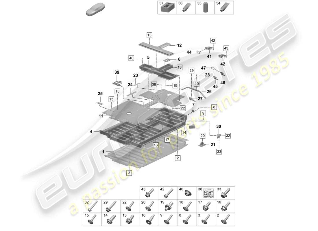 porsche 2026 (taycan 9j1-2) diagrama de piezas de la carcasa de la unidad de accionamiento eléctrico de la batería de repuesto