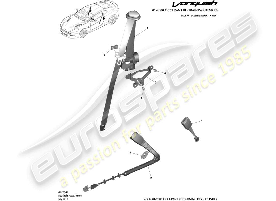 aston martin vanquish (2017) cinturones de seguridad delanteros diagrama de piezas