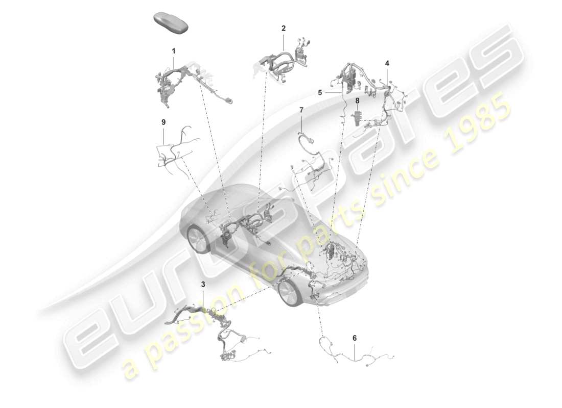 porsche 2021 (taycan 9j1-1) diagrama de piezas del arnés de cableado del sistema de control de presión de los neumáticos del portón trasero del habitáculo sensor de temperatura del circuito del refrigerante