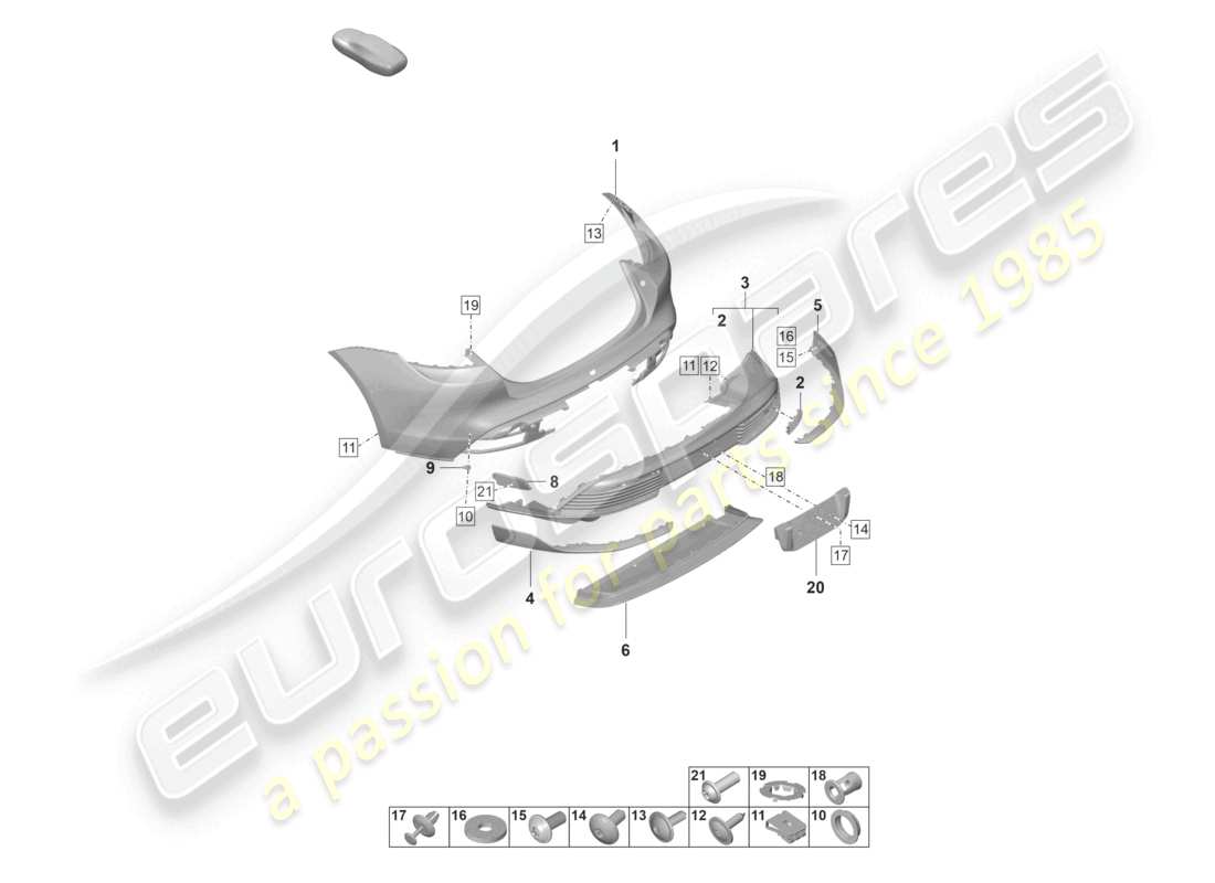 porsche 2021 (taycan 9j1-1) diagrama de piezas del paquete sport design del parachoques trasero