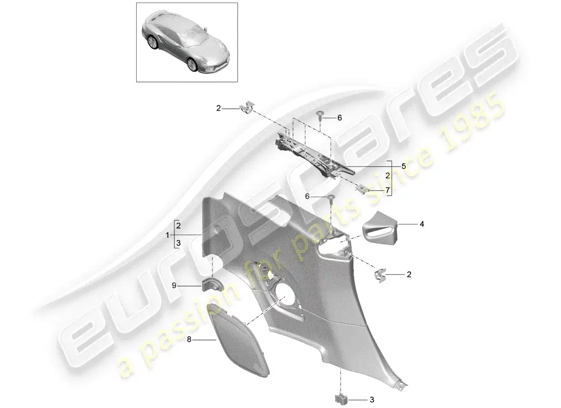 porsche 2017 (991-2 turbo) panel de adorno de cuarto diagrama de piezas