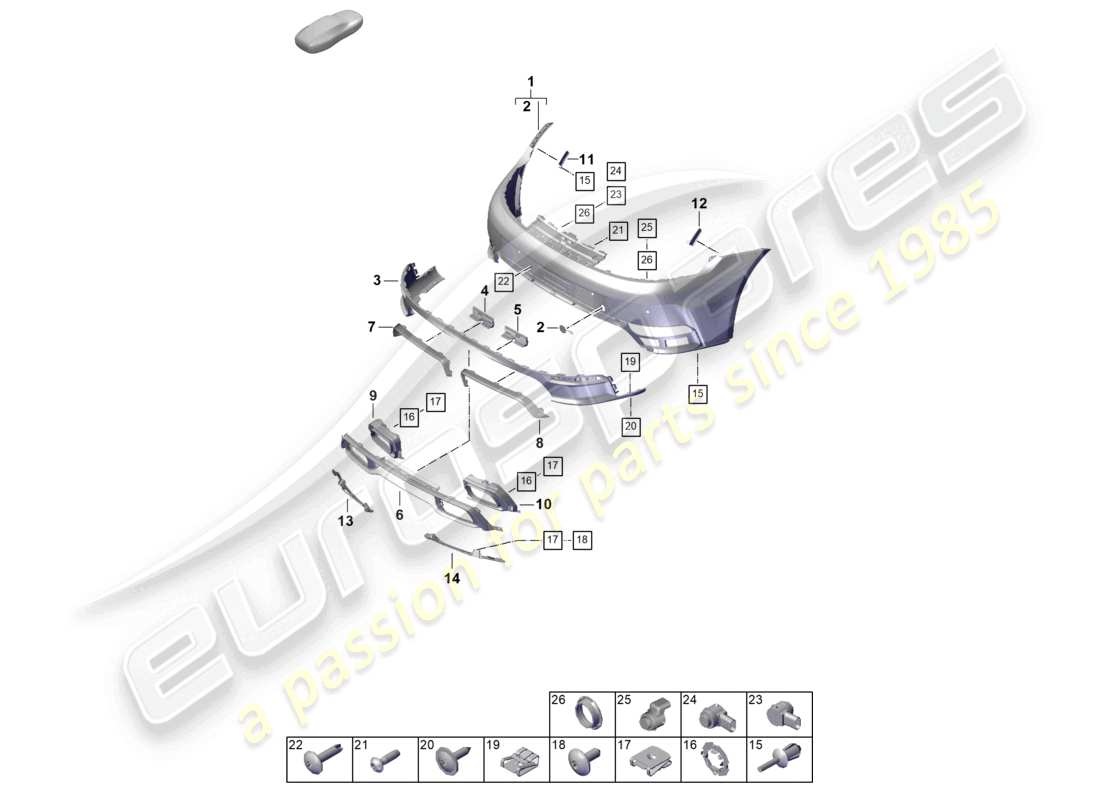 porsche 2024 (992-2) diagrama de piezas del paquete sport design del parachoques trasero