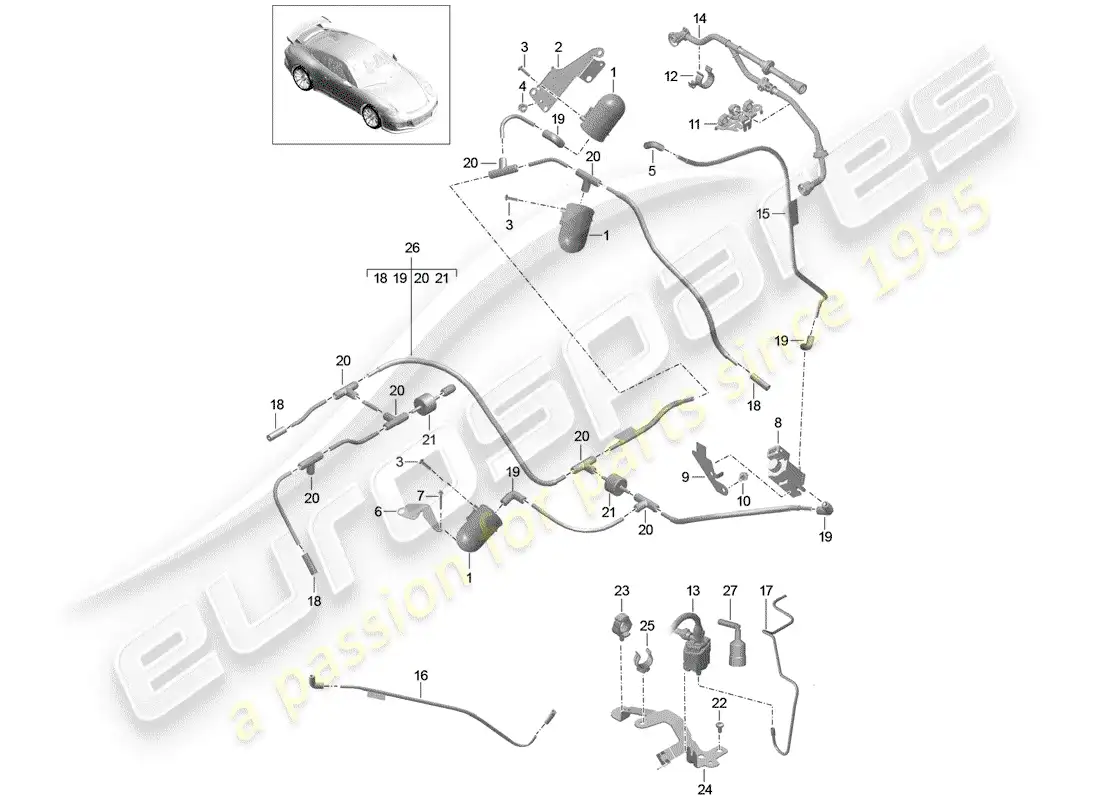 porsche 2016 (991-1 r/gt3/rs) sistema de vacío diagrama de piezas