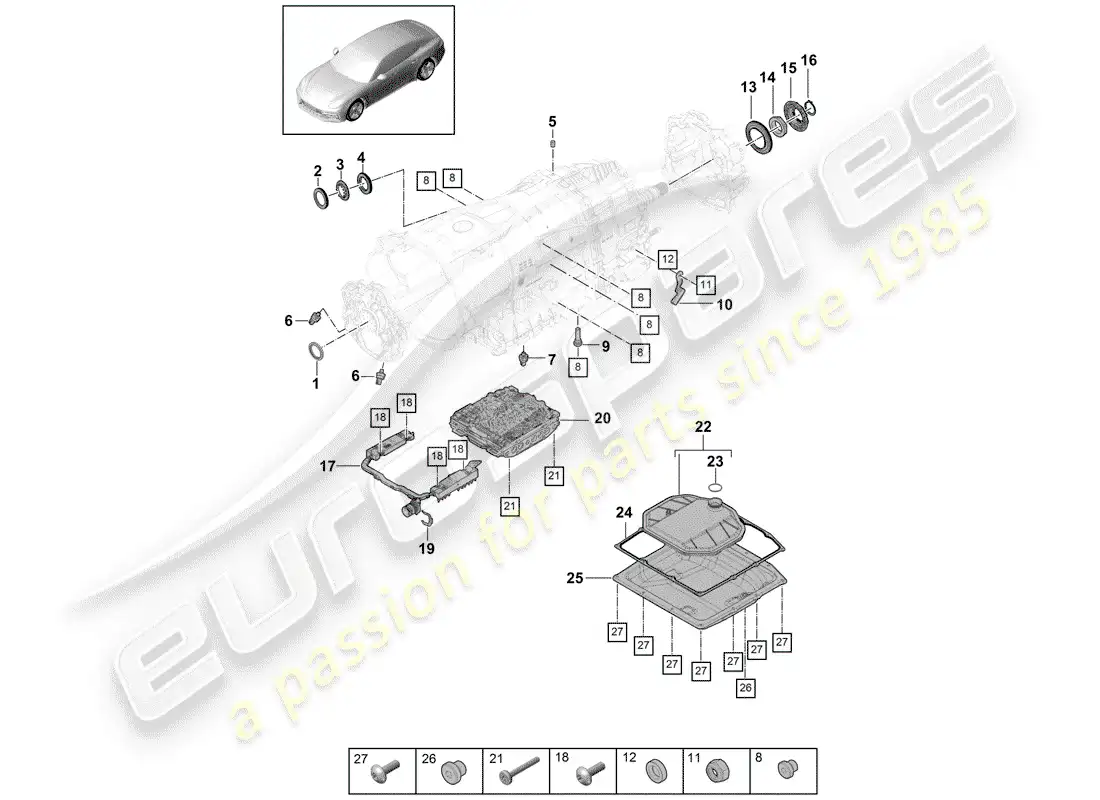 porsche 2017 (panamera 971-1) 8-speed caja de cambios de doble embrague diagrama de piezas