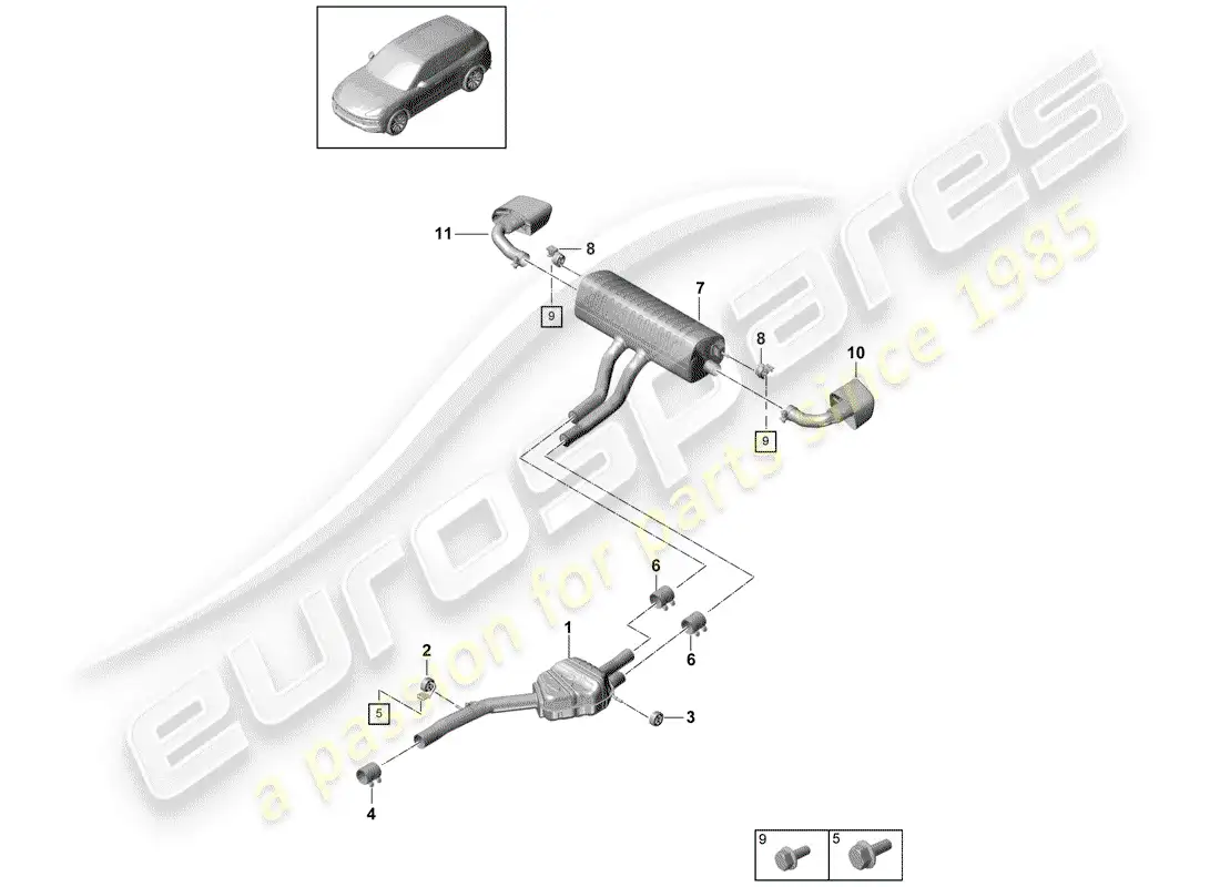porsche 2020 (cayenne e3 9ya/9yb) sistema de escape diagrama de piezas