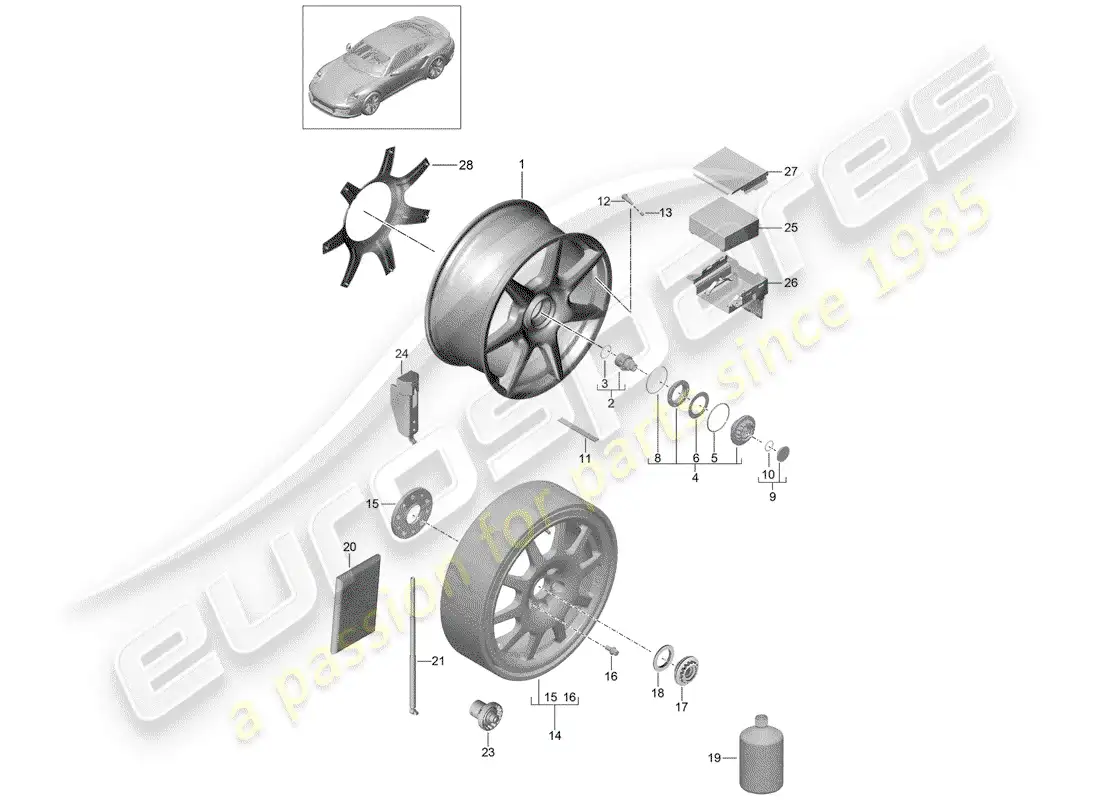 porsche 2020 (991-2 turbo) rueda de aleación diagrama de piezas
