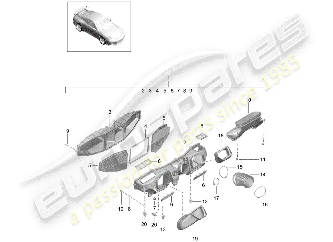 porsche 2016 (991-1 r/gt3/rs) filtro de aire diagrama de piezas