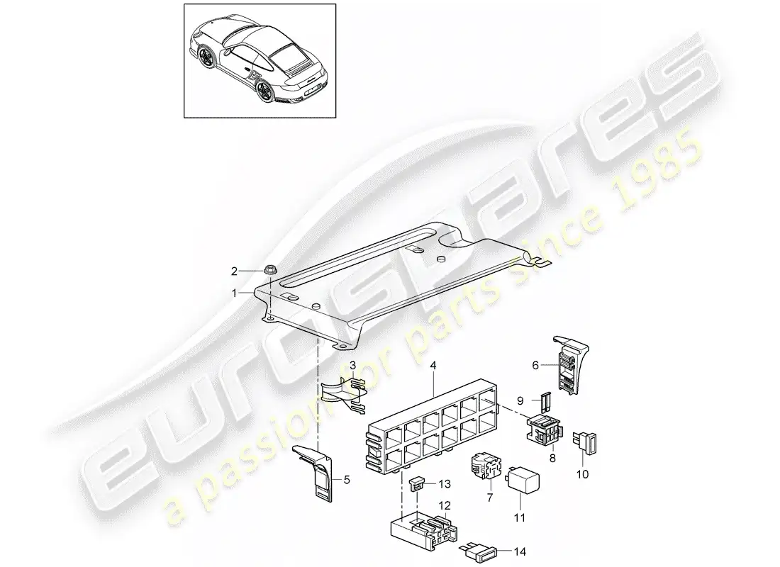 porsche 2013 (997-2 turbo / gt2 rs) caja de fusibles/placa de relés diagrama de piezas