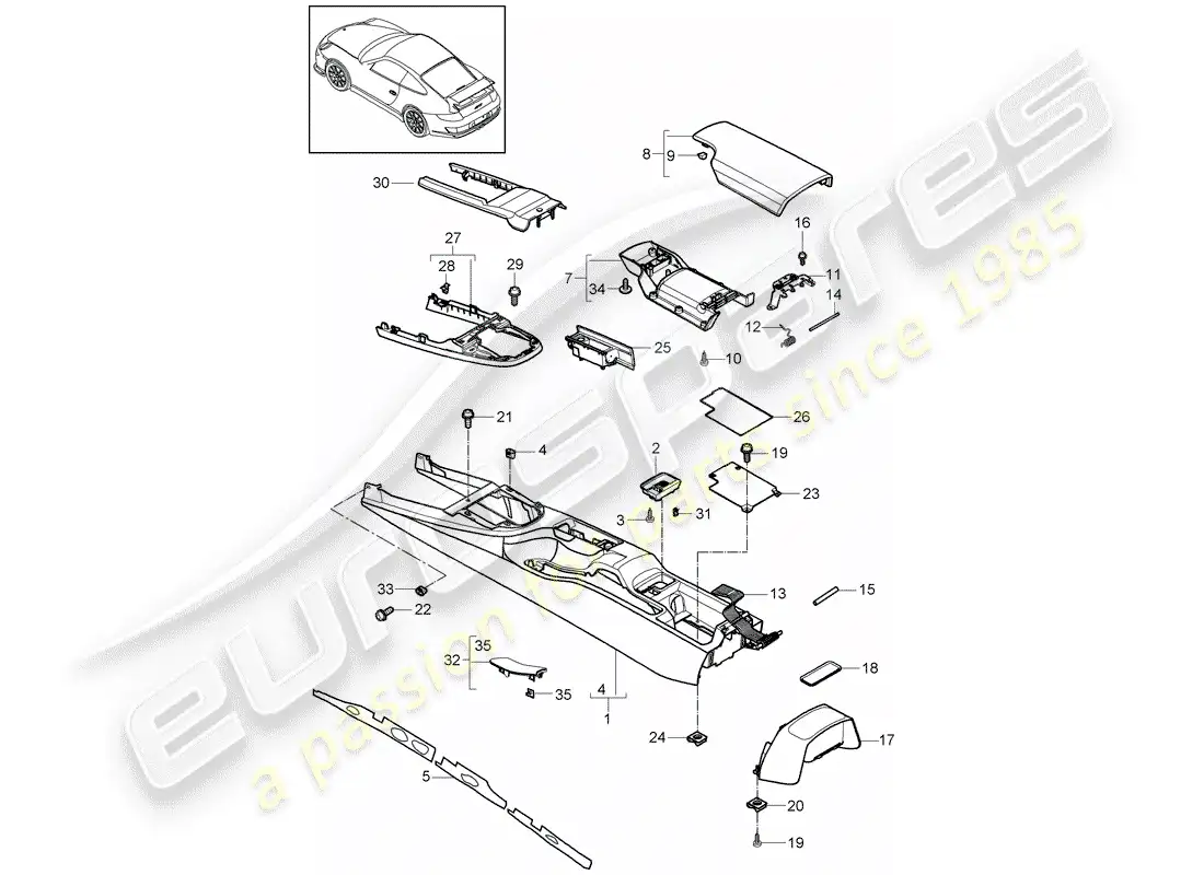porsche 2007 (997-1 gt3) center console diagrama de piezas