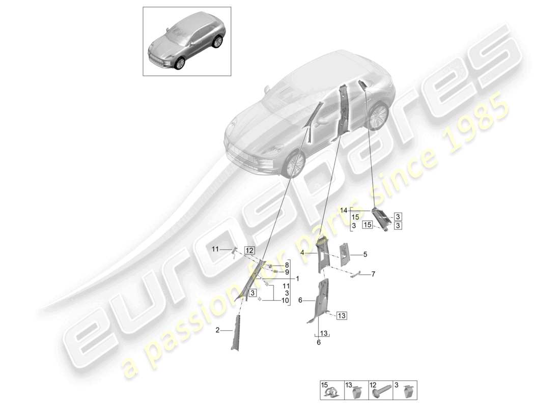 porsche 2023 (macan) diagrama de piezas de la moldura del pilar a, moldura superior del pilar b y moldura del pilar c