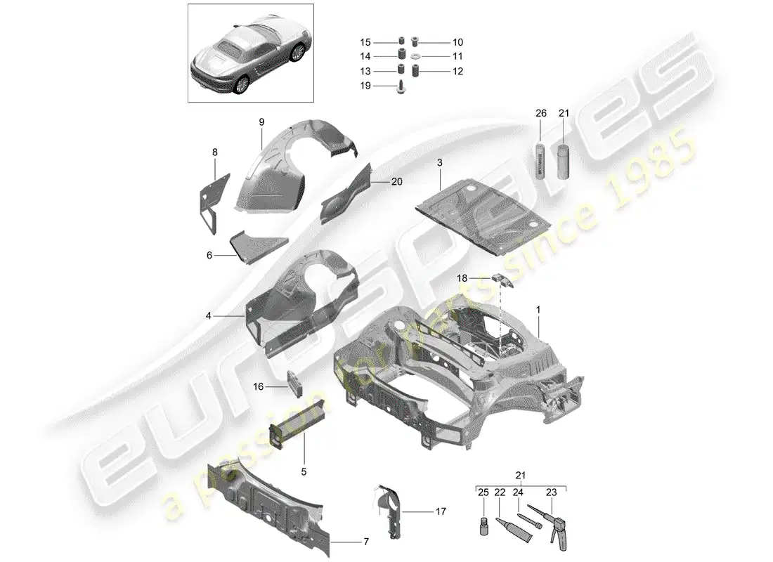 porsche 2017 (718 boxster) extremo posterior diagrama de piezas