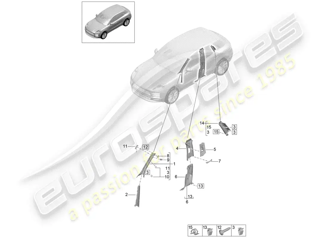 porsche 2019 (macan) revestimiento, pilar a diagrama de piezas