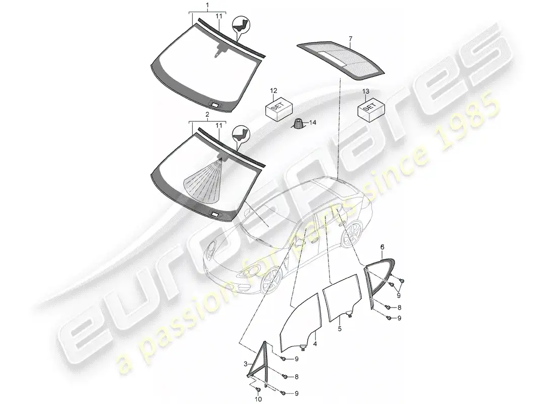 porsche 2013 (panamera 970) acristalamiento de ventanas diagrama de piezas