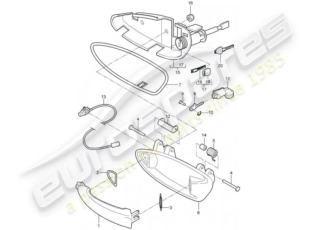 porsche 2008 (997-1 turbo / gt2) diagrama de piezas de la manija de la puerta