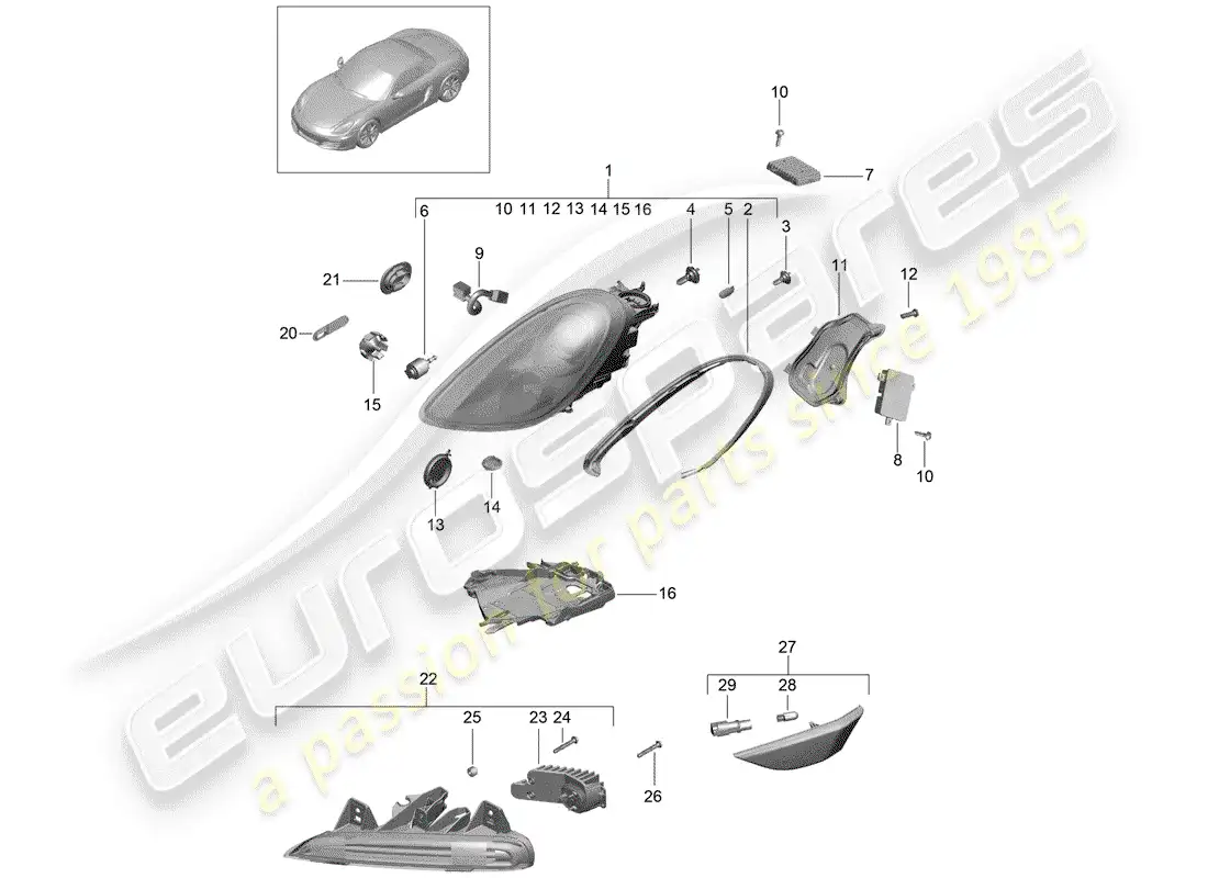 porsche 2016 (981 boxster) lámpara de cabeza diagrama de piezas